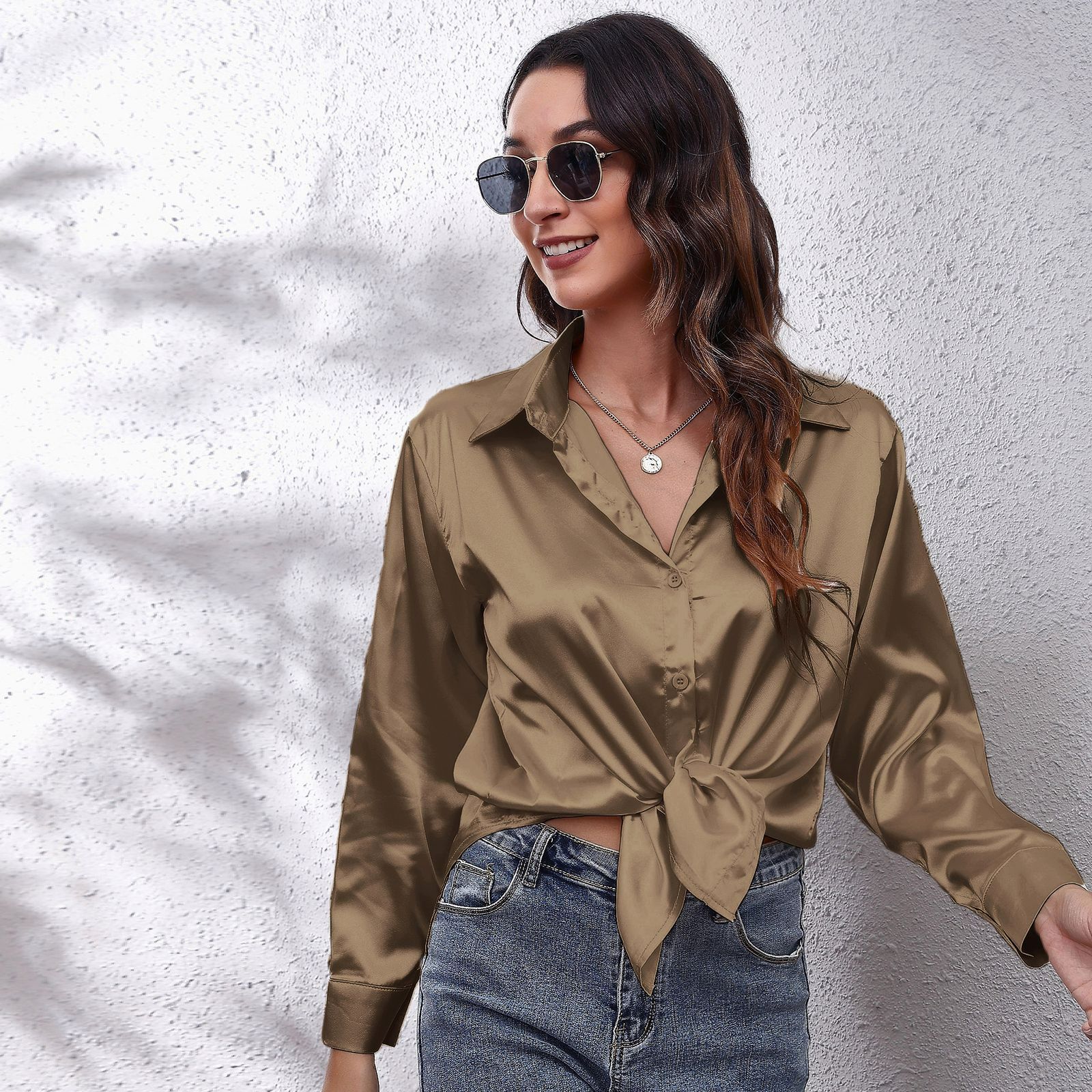 Spring Summer Satin Shirt Women V Neck Long Sleeve Office Shirt Blouses Ladies Black White Silk Loose Shirts For Women