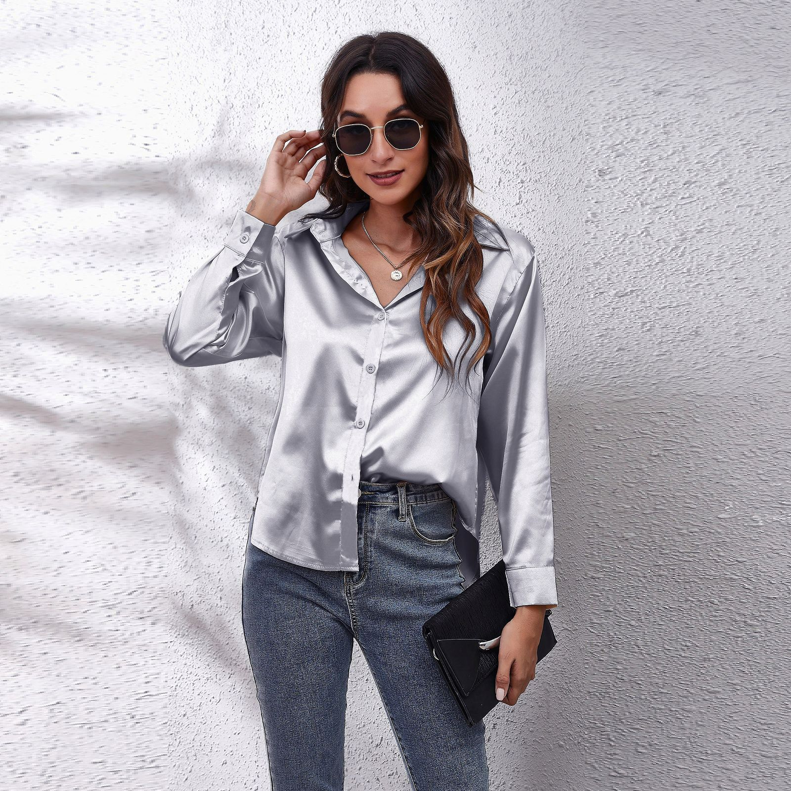 Spring Summer Satin Shirt Women V Neck Long Sleeve Office Shirt Blouses Ladies Black White Silk Loose Shirts For Women