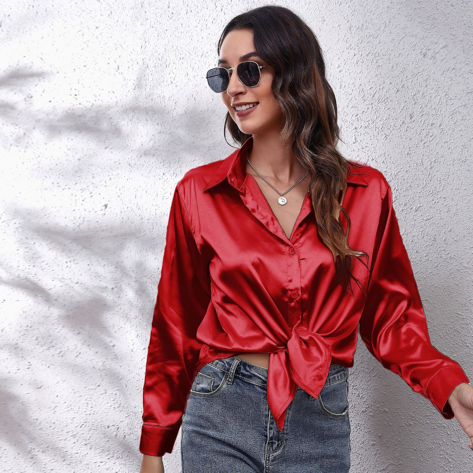 Spring Summer Satin Shirt Women V Neck Long Sleeve Office Shirt Blouses Ladies Black White Silk Loose Shirts For Women