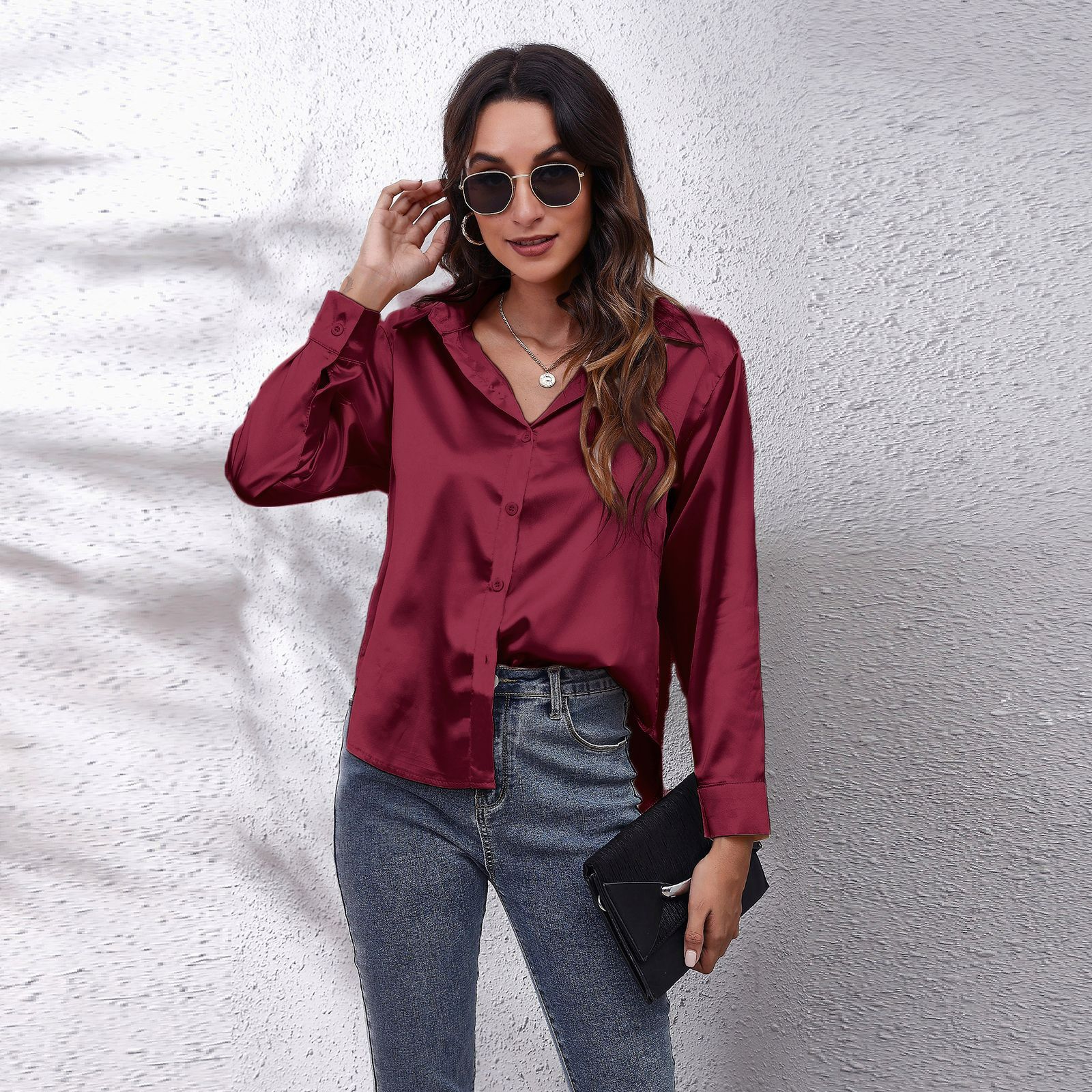 Spring Summer Satin Shirt Women V Neck Long Sleeve Office Shirt Blouses Ladies Black White Silk Loose Shirts For Women