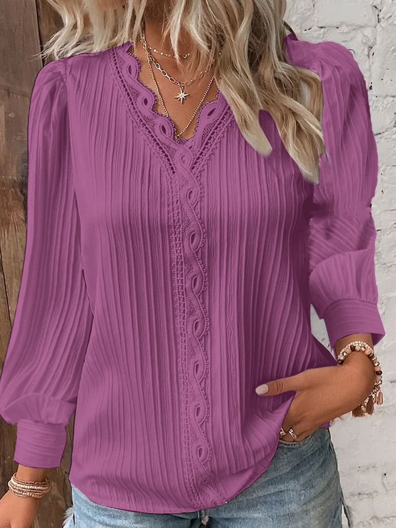 Women's Lace Stitching Shirt Loose Stitching V-neck Long Sleeve Pullover Chiffon Shirt Fall Top Simple Elegant Street Blouse