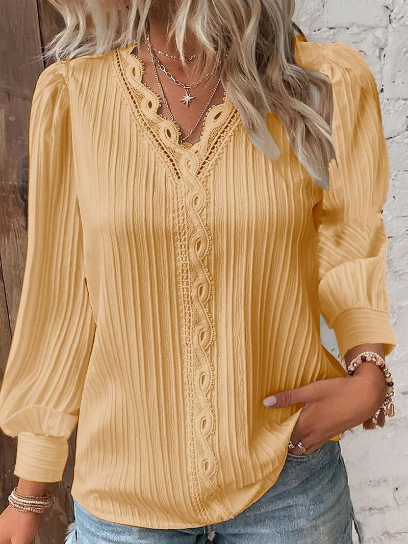 Women's Lace Stitching Shirt Loose Stitching V-neck Long Sleeve Pullover Chiffon Shirt Fall Top Simple Elegant Street Blouse