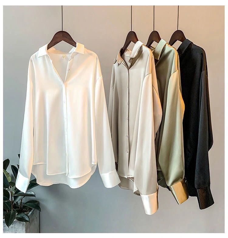 Spring Fashion Button Up Satin Silk Shirt Vintage Blouse Women White Tops Lady Long Sleeves Female Loose Street Shirts
