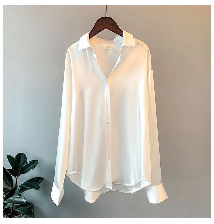 Spring Fashion Button Up Satin Silk Shirt Vintage Blouse Women White Tops Lady Long Sleeves Female Loose Street Shirts