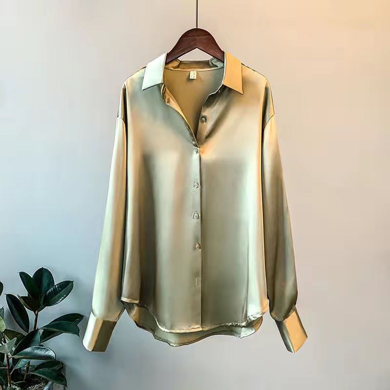 Spring Fashion Button Up Satin Silk Shirt Vintage Blouse Women White Tops Lady Long Sleeves Female Loose Street Shirts