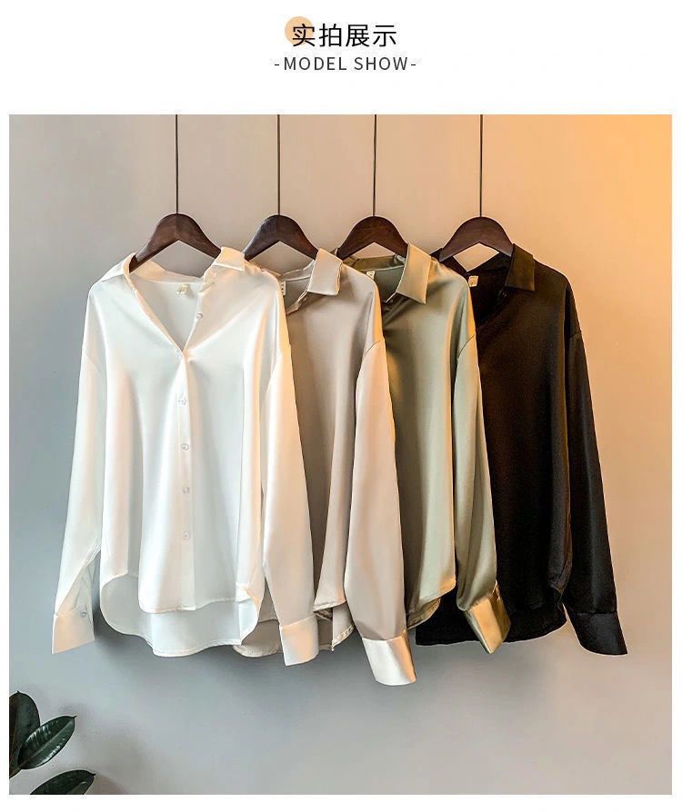 Spring Fashion Button Up Satin Silk Shirt Vintage Blouse Women White Tops Lady Long Sleeves Female Loose Street Shirts