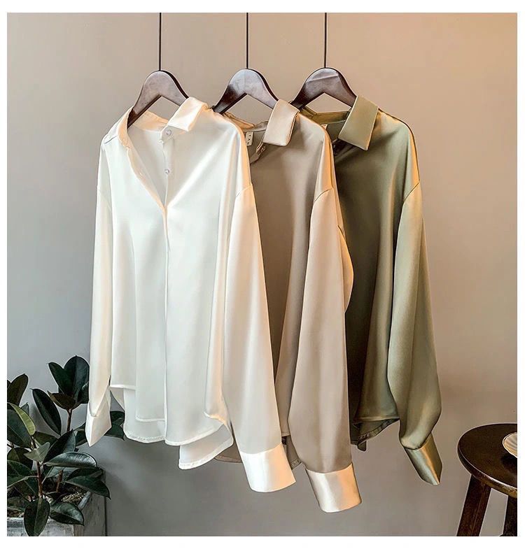 Spring Fashion Button Up Satin Silk Shirt Vintage Blouse Women White Tops Lady Long Sleeves Female Loose Street Shirts