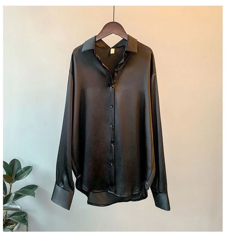 Spring Fashion Button Up Satin Silk Shirt Vintage Blouse Women White Tops Lady Long Sleeves Female Loose Street Shirts