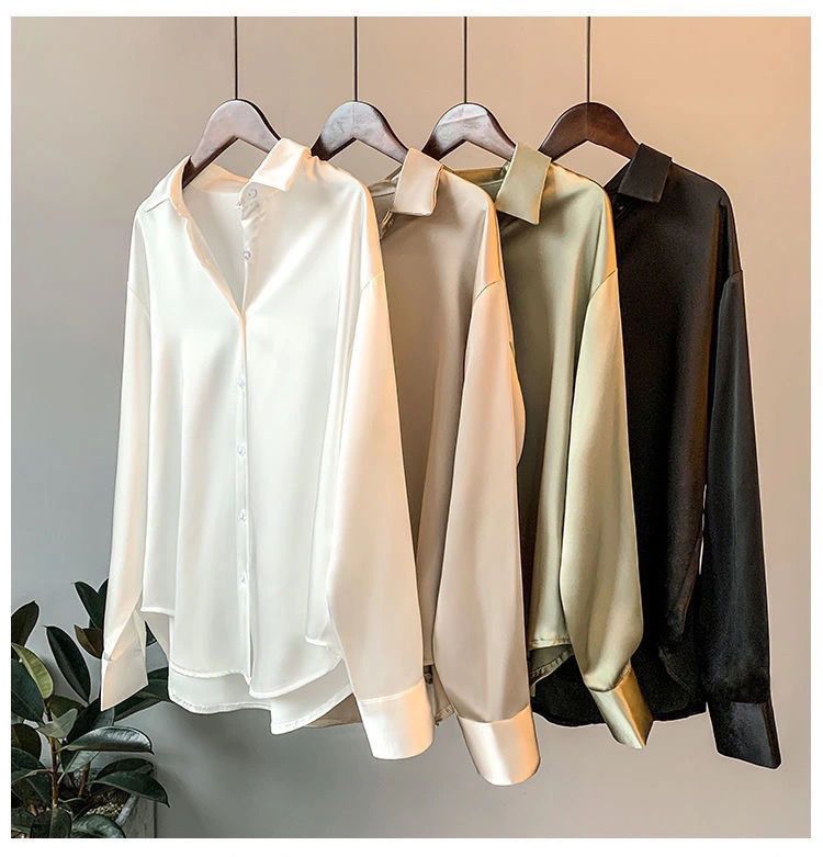 Spring Fashion Button Up Satin Silk Shirt Vintage Blouse Women White Tops Lady Long Sleeves Female Loose Street Shirts