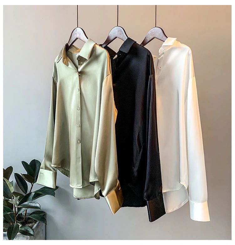 Spring Fashion Button Up Satin Silk Shirt Vintage Blouse Women White Tops Lady Long Sleeves Female Loose Street Shirts