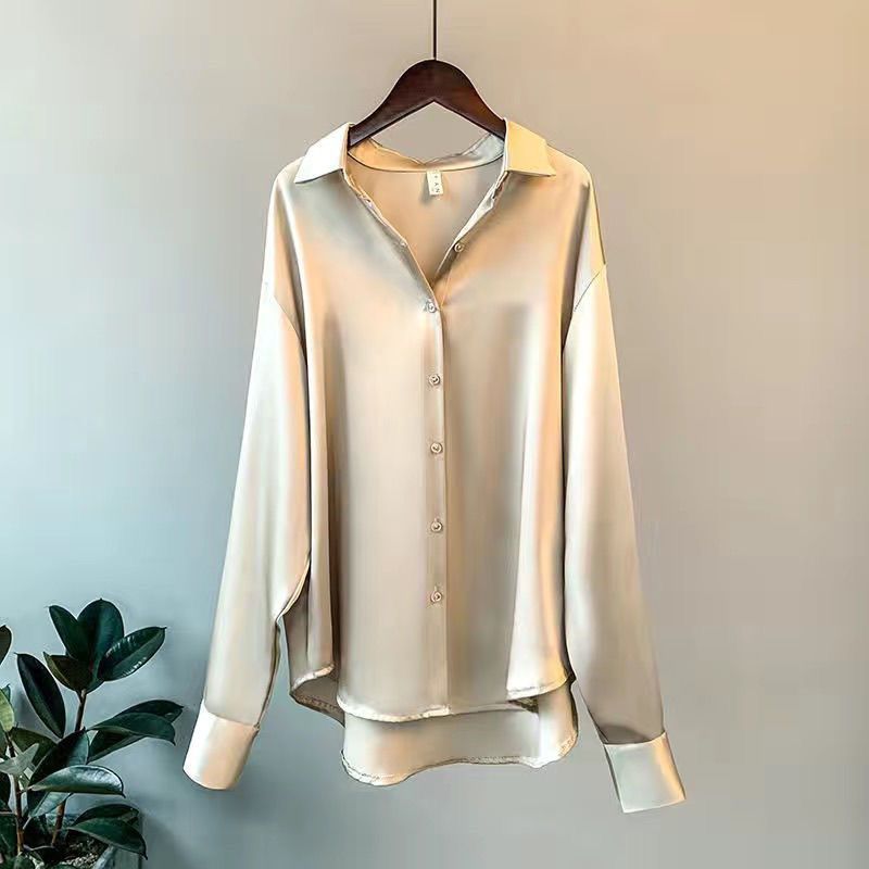 Spring Fashion Button Up Satin Silk Shirt Vintage Blouse Women White Tops Lady Long Sleeves Female Loose Street Shirts