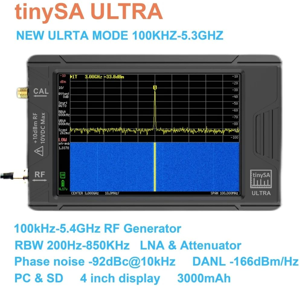 Original tinySA ULTRA Handheld Tiny Spectrum Analyzer 100KHZ-5.3GHZ 4inch Display RF Generator with Battery