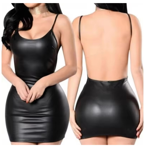 Sexy Faux Leather Dress Backless Club Party Short Dress Solid Black Wet Look Latex Bodycon Push Up Bra Mini Micro Dress