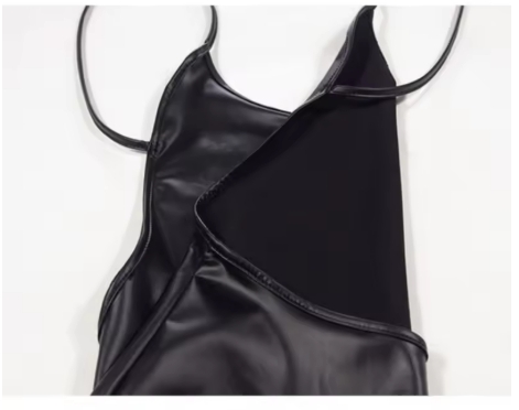 Sexy Faux Leather Dress Backless Club Party Short Dress Solid Black Wet Look Latex Bodycon Push Up Bra Mini Micro Dress