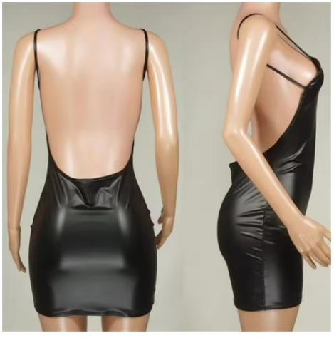 Sexy Faux Leather Dress Backless Club Party Short Dress Solid Black Wet Look Latex Bodycon Push Up Bra Mini Micro Dress