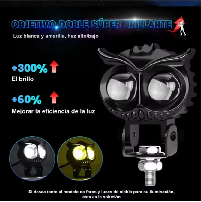 Owl car headlights, motorcycle headlights, yellow and white dual color LED spotlights, driving assistance fog lights, car UTV, t