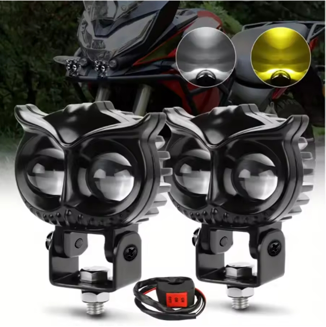Owl car headlights, motorcycle headlights, yellow and white dual color LED spotlights, driving assistance fog lights, car UTV, t