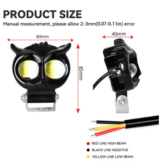Owl car headlights, motorcycle headlights, yellow and white dual color LED spotlights, driving assistance fog lights, car UTV, t