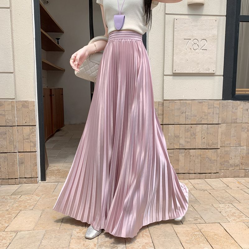 2025 98cm Basics Maxi Pleated Skirt for Women New Korean Casual All-match Solid A Line High Waist Long Maxi Skirt Female