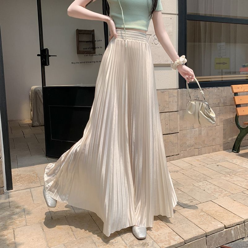 2025 98cm Basics Maxi Pleated Skirt for Women New Korean Casual All-match Solid A Line High Waist Long Maxi Skirt Female