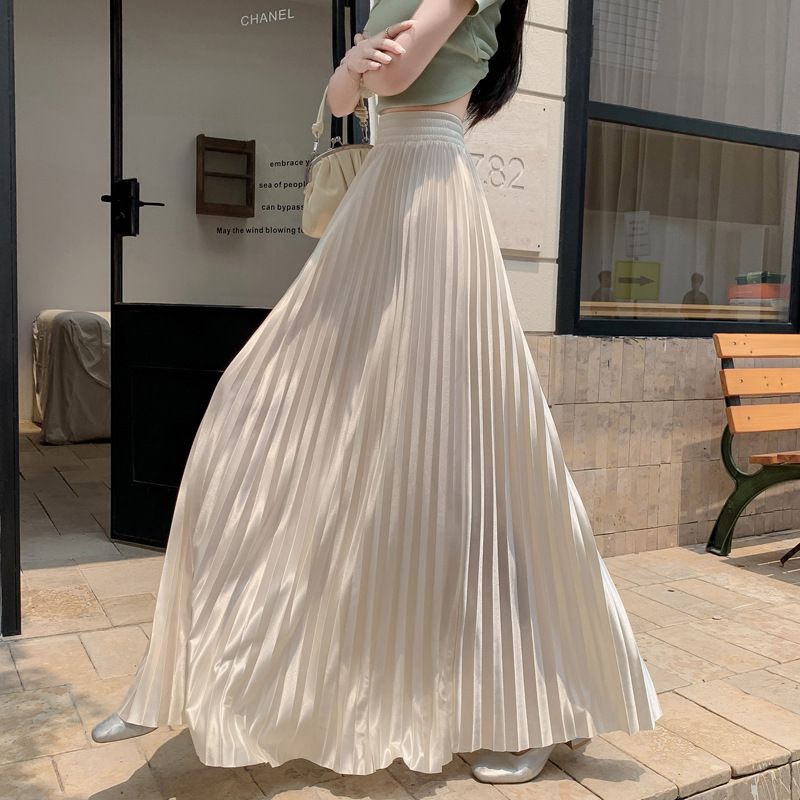 2025 98cm Basics Maxi Pleated Skirt for Women New Korean Casual All-match Solid A Line High Waist Long Maxi Skirt Female