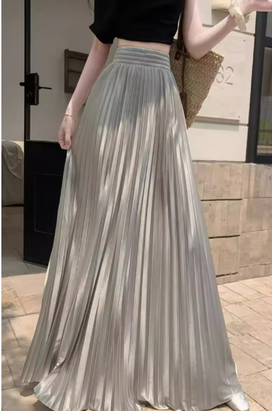 2025 98cm Basics Maxi Pleated Skirt for Women New Korean Casual All-match Solid A Line High Waist Long Maxi Skirt Female