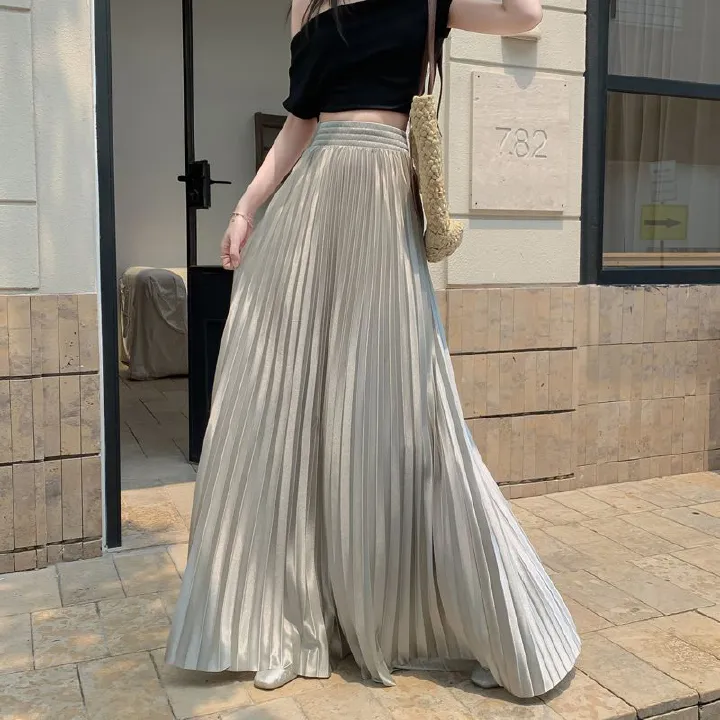 2025 98cm Basics Maxi Pleated Skirt for Women New Korean Casual All-match Solid A Line High Waist Long Maxi Skirt Female
