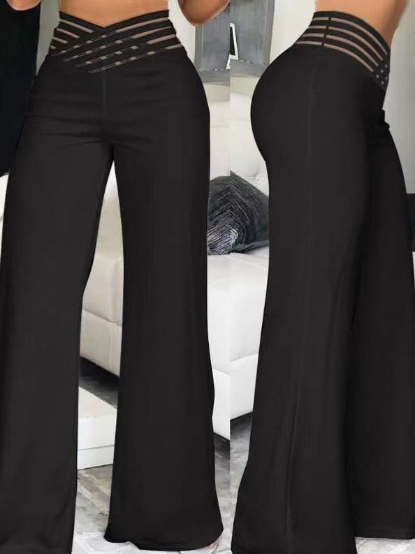 Women Flared Pants Elegant Office Lady Casual High Waist Trousers Spring Summer Solid Crisscross Sheer Mesh Patch Wide Leg Pant