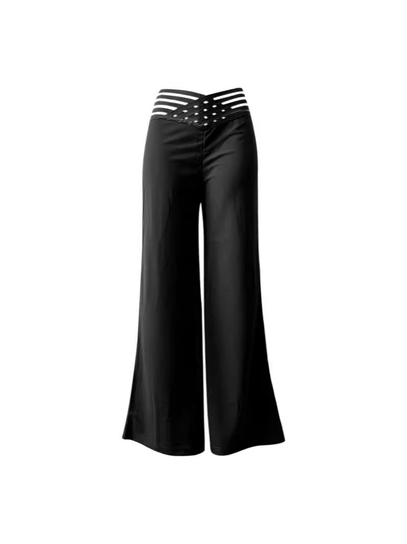 Women Flared Pants Elegant Office Lady Casual High Waist Trousers Spring Summer Solid Crisscross Sheer Mesh Patch Wide Leg Pant