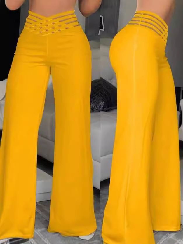 Women Flared Pants Elegant Office Lady Casual High Waist Trousers Spring Summer Solid Crisscross Sheer Mesh Patch Wide Leg Pant