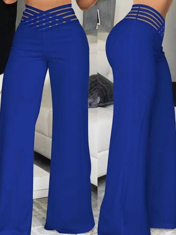 Women Flared Pants Elegant Office Lady Casual High Waist Trousers Spring Summer Solid Crisscross Sheer Mesh Patch Wide Leg Pant