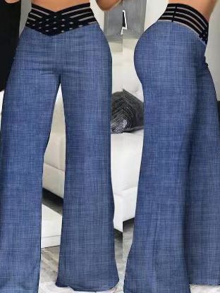 Women Flared Pants Elegant Office Lady Casual High Waist Trousers Spring Summer Solid Crisscross Sheer Mesh Patch Wide Leg Pant