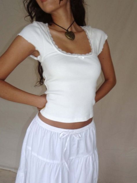 y2k Vintage Baby Tee Cottage Lace Trim Knitted T-Shirt Summer Square Neck Short Sleeve Tee Shirt Women White Milkmaid Crop Top