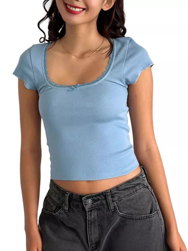 y2k Vintage Baby Tee Cottage Lace Trim Knitted T-Shirt Summer Square Neck Short Sleeve Tee Shirt Women White Milkmaid Crop Top