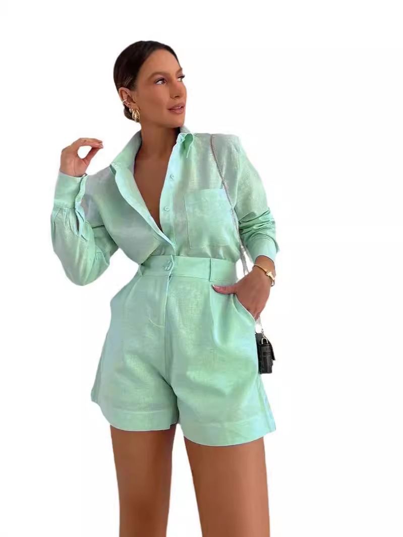 Women Long Sleeve 2 Pieces Sets Casual Simple Button Pockets Short Pant with Shirts Tops 2024 Summer Fashion Suit Female Outfits