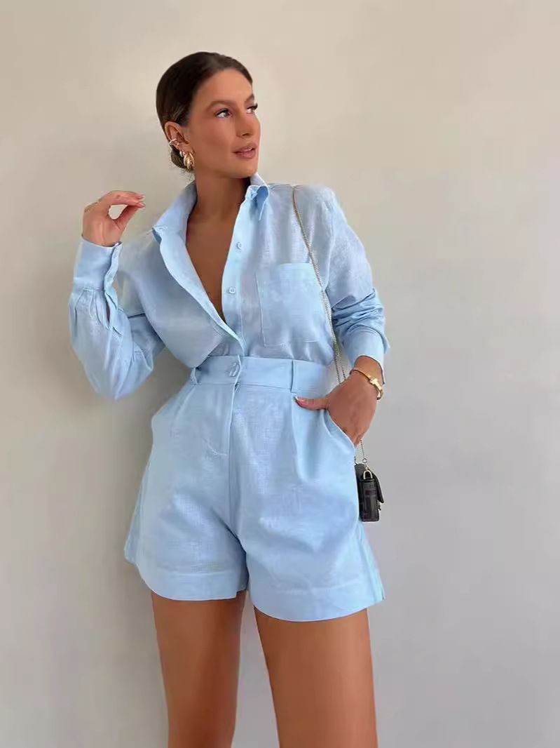 Women Long Sleeve 2 Pieces Sets Casual Simple Button Pockets Short Pant with Shirts Tops 2024 Summer Fashion Suit Female Outfits