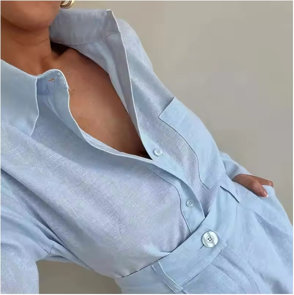 Women Long Sleeve 2 Pieces Sets Casual Simple Button Pockets Short Pant with Shirts Tops 2024 Summer Fashion Suit Female Outfits