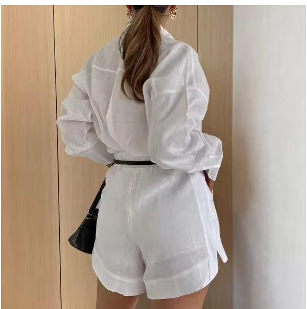 Women Long Sleeve 2 Pieces Sets Casual Simple Button Pockets Short Pant with Shirts Tops 2024 Summer Fashion Suit Female Outfits