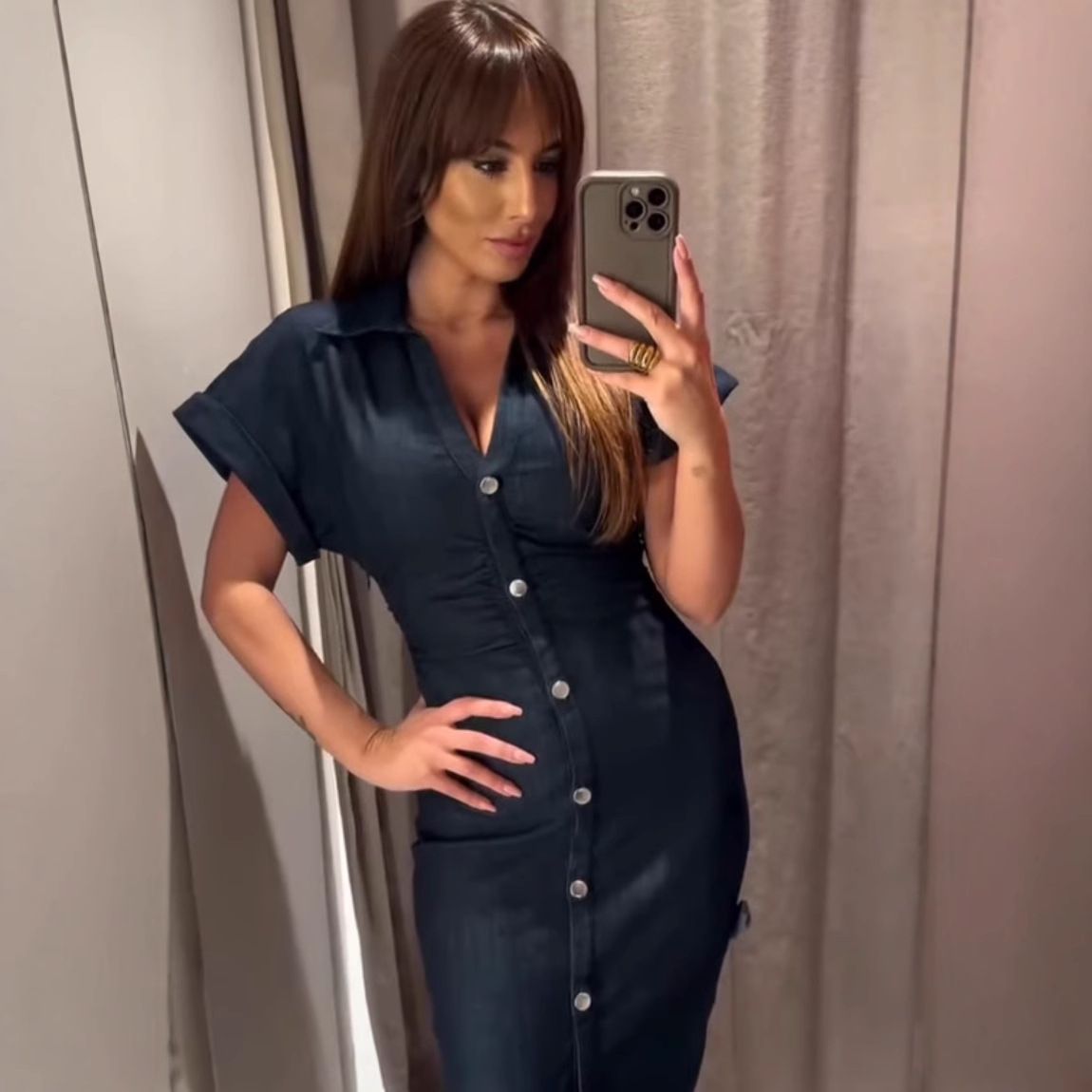 2025 traf Spring New 1975 series denim MIDI dress with lapel side zipper fashion wrinkle waist slim elegant dress