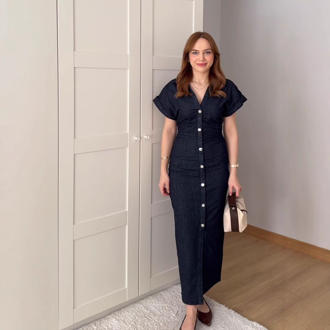 2025 traf Spring New 1975 series denim MIDI dress with lapel side zipper fashion wrinkle waist slim elegant dress
