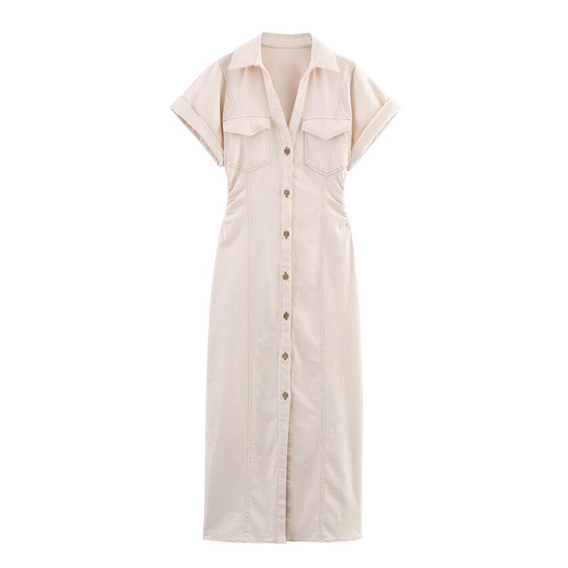 2025 traf Spring New 1975 series denim MIDI dress with lapel side zipper fashion wrinkle waist slim elegant dress