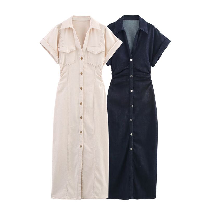 2025 traf Spring New 1975 series denim MIDI dress with lapel side zipper fashion wrinkle waist slim elegant dress