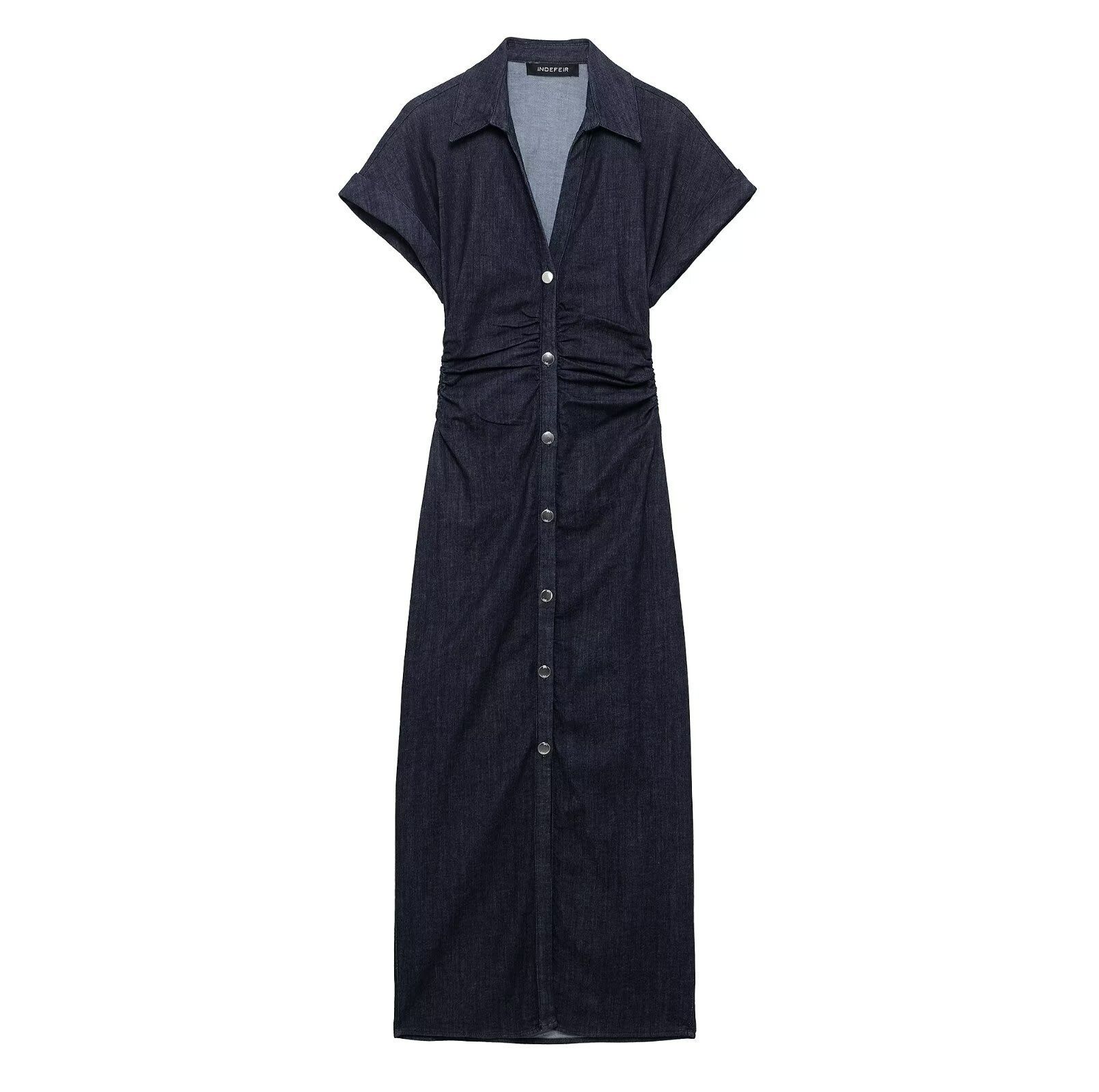 2025 traf Spring New 1975 series denim MIDI dress with lapel side zipper fashion wrinkle waist slim elegant dress