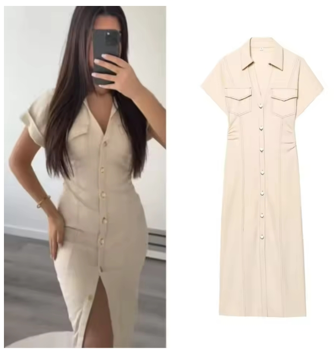 2025 traf Spring New 1975 series denim MIDI dress with lapel side zipper fashion wrinkle waist slim elegant dress