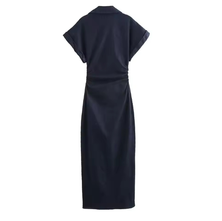 2025 traf Spring New 1975 series denim MIDI dress with lapel side zipper fashion wrinkle waist slim elegant dress