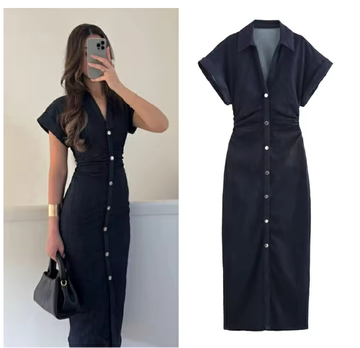 2025 traf Spring New 1975 series denim MIDI dress with lapel side zipper fashion wrinkle waist slim elegant dress
