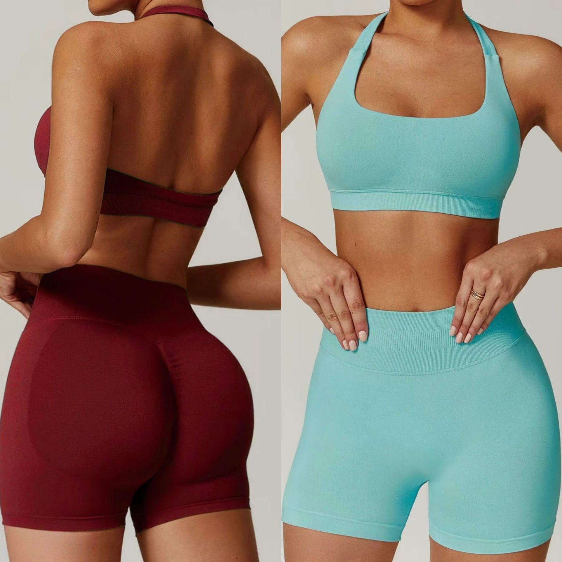 2 Pieces Yoga Suit for Women Seamless Fitness Gym Clothes Halter Sports Bra Matching Impact Shorts Workout Sets Gym Outfit