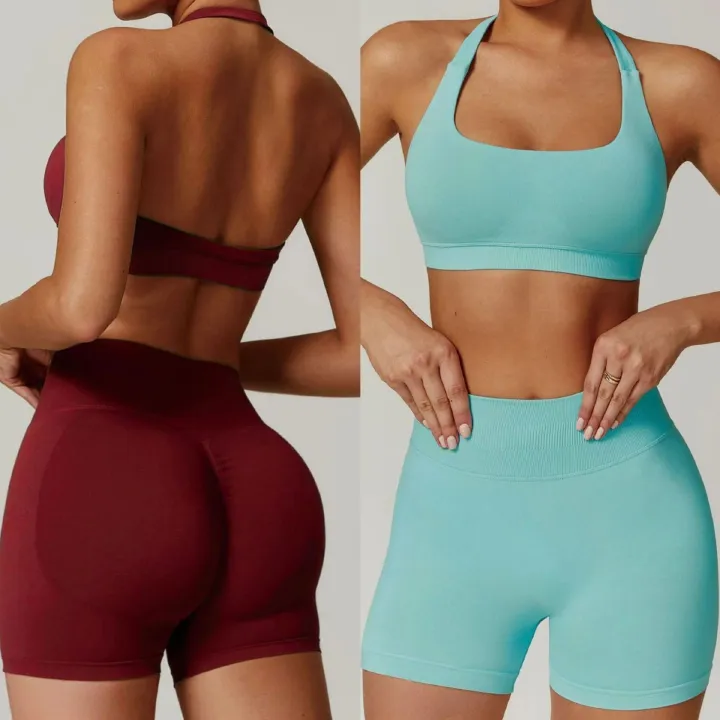 2 Pieces Yoga Suit for Women Seamless Fitness Gym Clothes Halter Sports Bra Matching Impact Shorts Workout Sets Gym Outfit