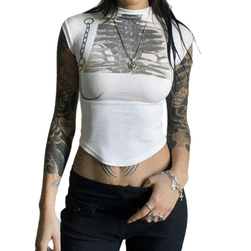 Cuteandpsycho Y2K Graphic Print Cropped Tee Shirts for Women Short Sleeves Slim Cute Clothings Crewneck Casual Harajuku Outfits