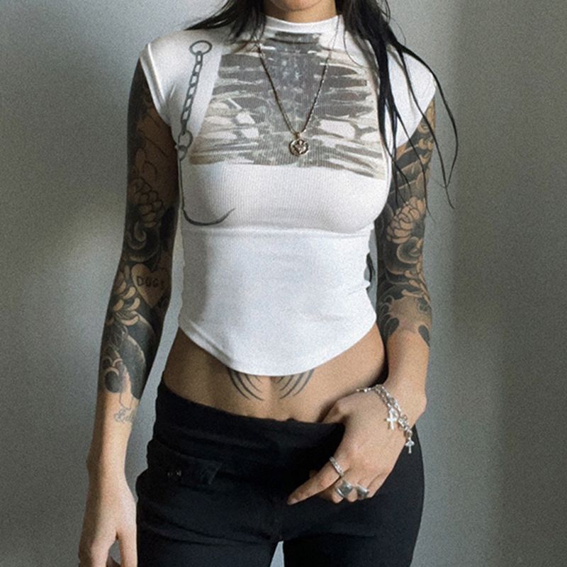 Cuteandpsycho Y2K Graphic Print Cropped Tee Shirts for Women Short Sleeves Slim Cute Clothings Crewneck Casual Harajuku Outfits